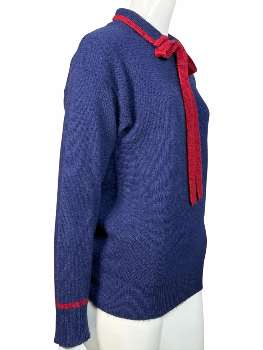 Vintage Neiman Marcus Sweater Navy Red Bow Collar Knit Soft Luxury S - Picture 5 of 8